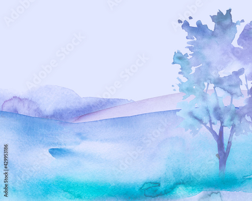 Watercolor winter forest, silhouette of trees, bushes. Field. Country view. Postcard, logo, card. Drawing of blue trees. Country landscape. Trees in the snow, oak, birch, aspen, maple.