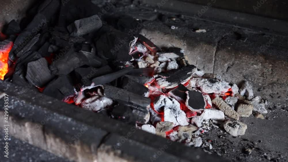 The fire is burning in the fireplace. Coal. Cooking in the oven The fire is burning in the fireplace. Coal. Cooking in the oven