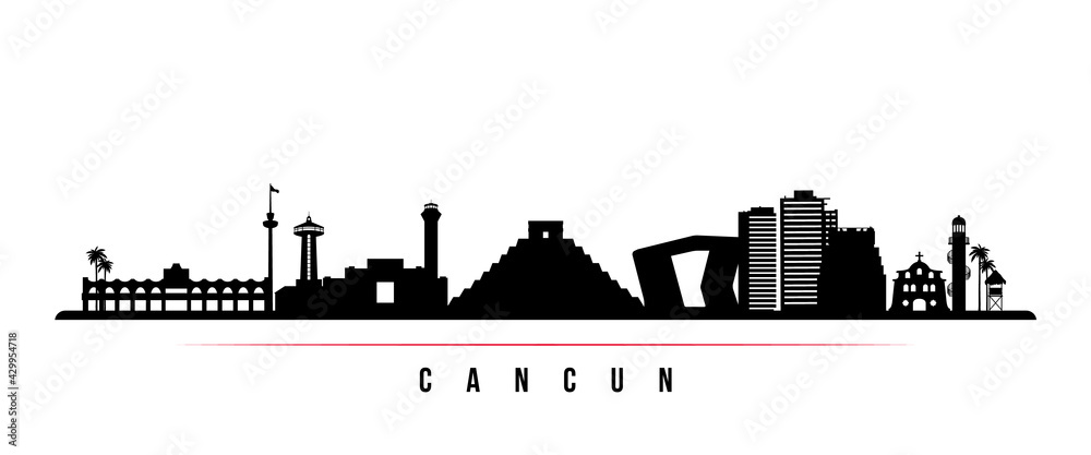 Cancun skyline horizontal banner. Black and white silhouette of Cancun, Mexico. Vector template for your design.