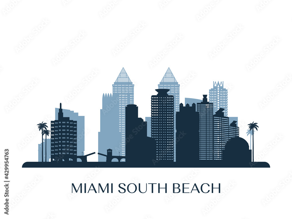 Miami South Beach skyline, monochrome silhouette. Vector illustration.