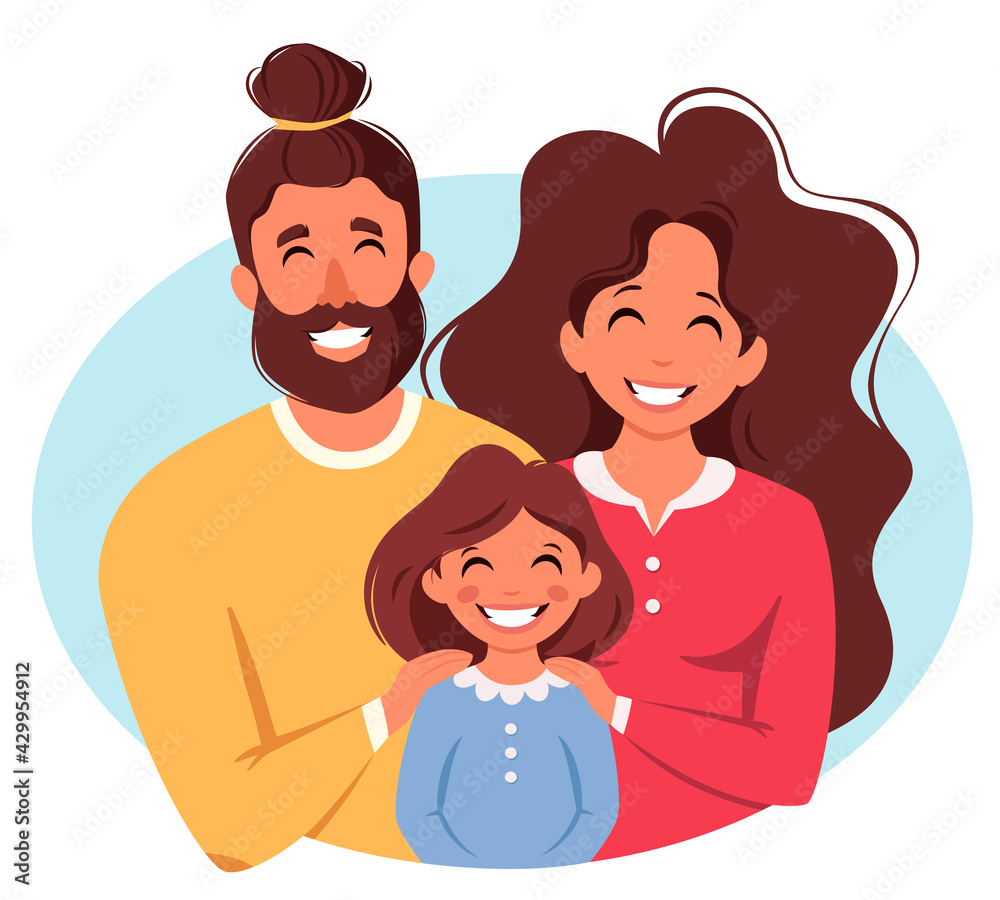 Happy family with daughter. Parents hugging child. International Day of families. Vector illustration Happy family with daughter. Parents hugging child. International Day of families. Vector illustration