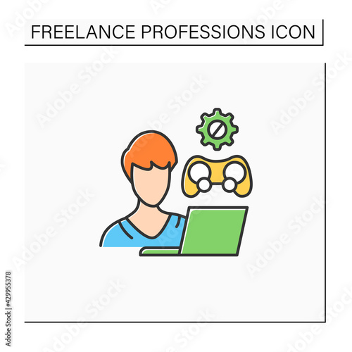 Game developer color icon. Programmer. Create gaming code, software.Plan, design, produce video games. Freelance professions concept. Isolated vector illustration