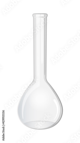 Vector illustration of chemical, medical transparent glass laboratory volumetric flask, measuring flask, graduated flask icon isolated on white. Laboratory glassware used for preparation of solutions.