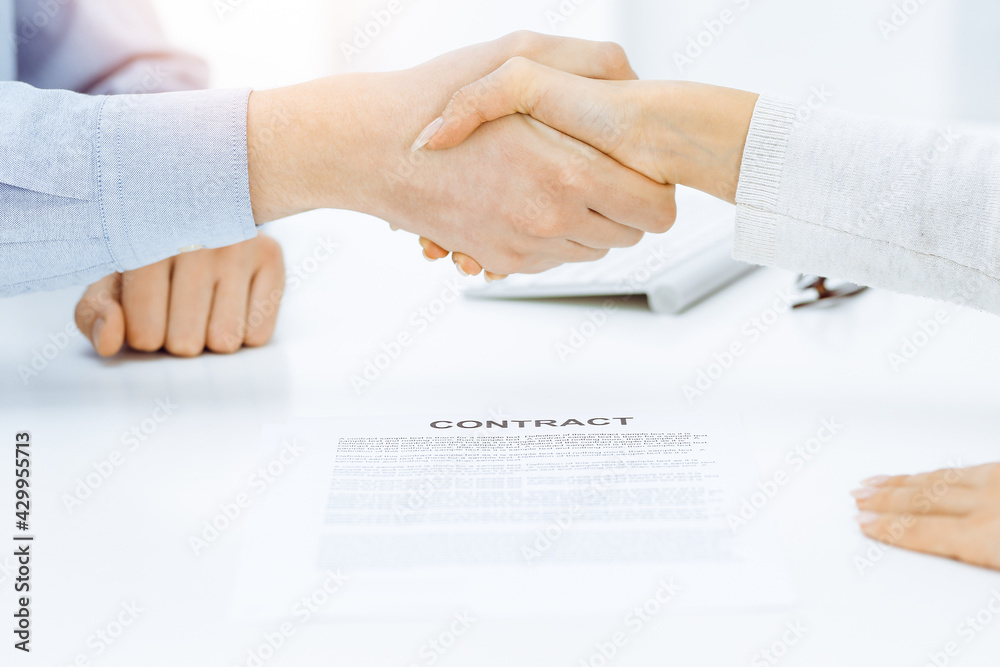 Casual dressed businessman and woman shaking hands after contract signing in sunny office. Handshake concept