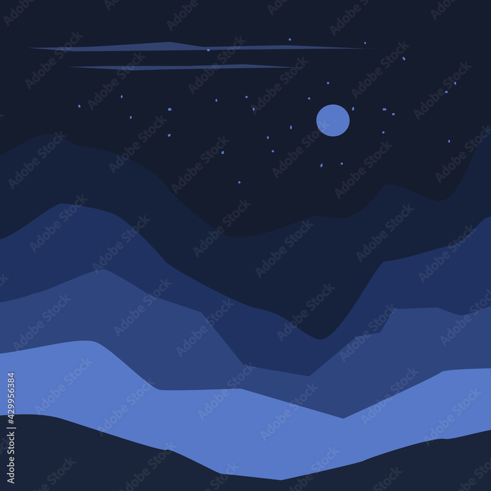 abstact wavy shapes mountain and hills night landscape, vector illustration scenery in blue color palette