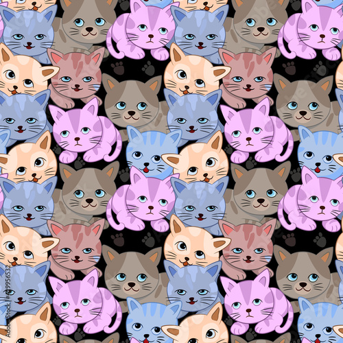 Fototapeta Naklejka Na Ścianę i Meble -  Cute emotion cat on black background seamless pattern.