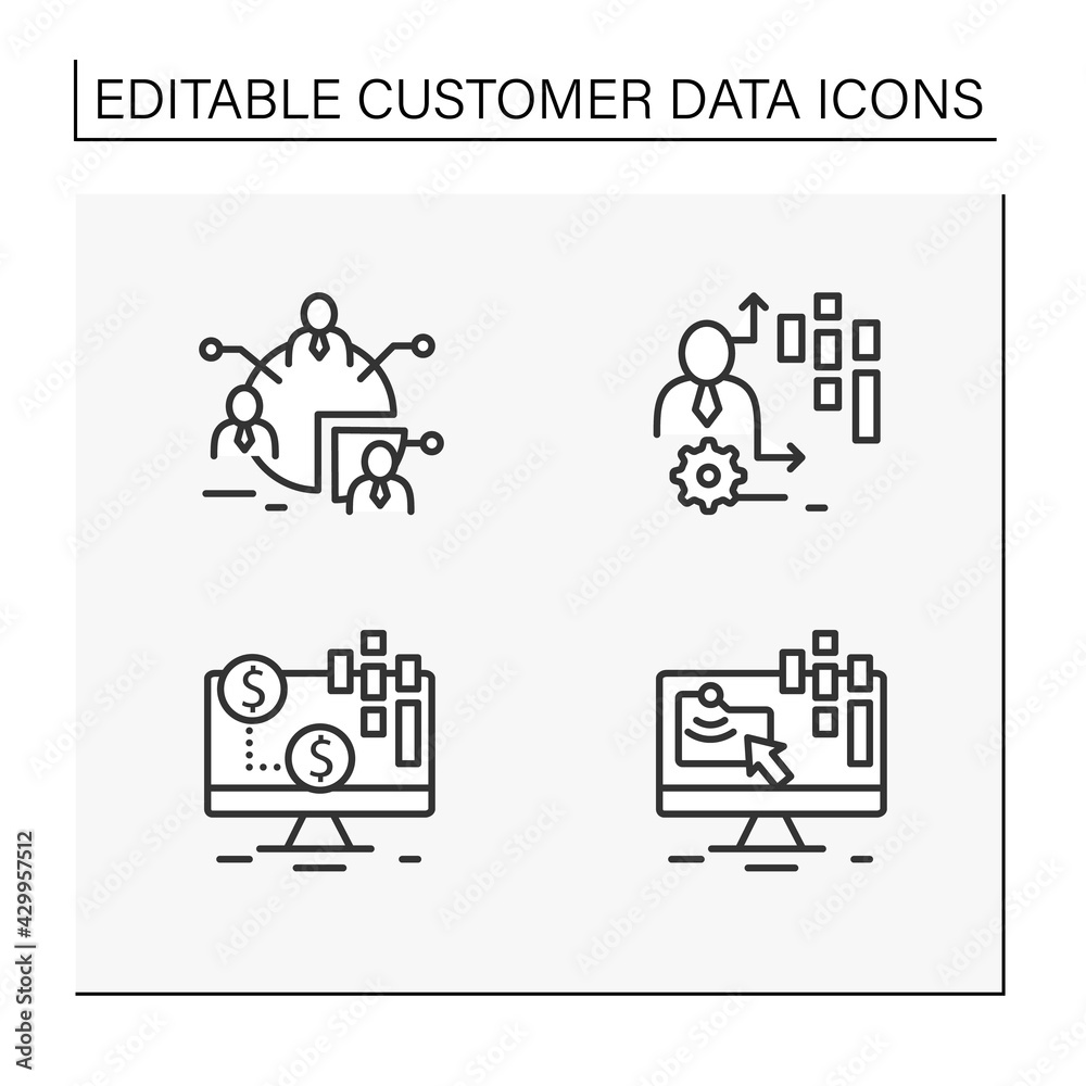 Customer data platform line icons set. Audience segments, transactional data, behavioral date. Customer data concepts. Isolated vector illustrations.Editable stroke