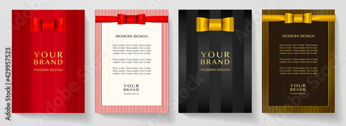 Luxury cover, frame design set in red, black color. Gold, red bow on elegant stripe pattern background. Holiday premium vector collection for rich brochure, luxe invite, royal wedding, menu template