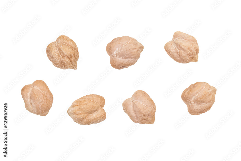 Macro of seven raw chickpeas seen directly from above and isolated on white background Macro of seven raw chickpeas seen directly from above and isolated on white background