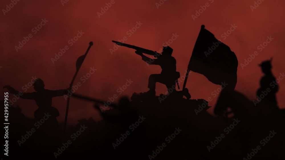 Illustration of war with toy soldiers silhouettes and smoke Illustration of war with toy soldiers silhouettes and smoke
