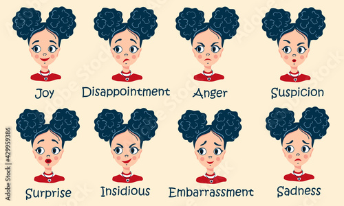 Set of female emotions. Facial expression. Girl Avatar. Vector flat design illustration