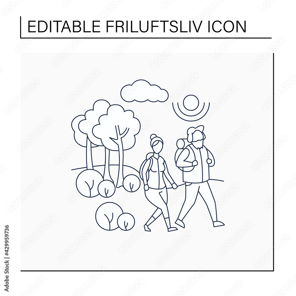 Friluftsliv line icon. Family hiking. Man and woman walking in forest. Green tourism. Nature landscape. Nordic outdoor activities concept.Isolated vector illustration.Editable stroke
