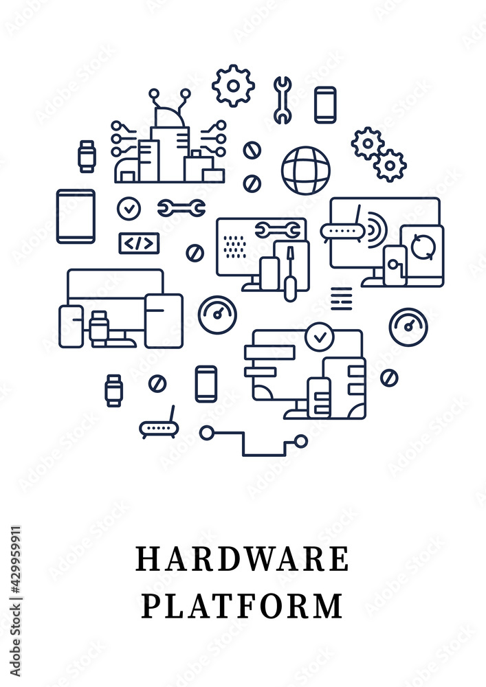 Hardware platform circle poster. Cross platform,Programming environment. Security. Digitalization concept. Isolated vector template