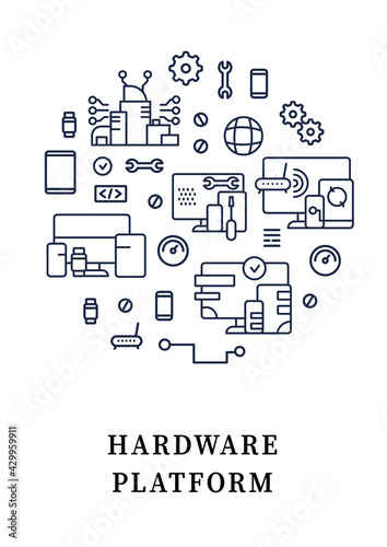 Hardware platform circle poster. Cross platform,Programming environment. Security. Digitalization concept. Isolated vector template