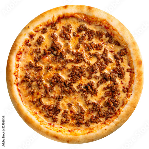 Isolated fresh baked minced meat pizza on the white background photo