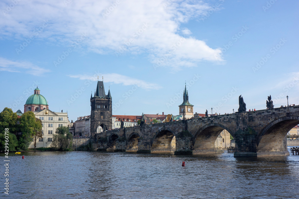 Scenic view on Prague old town and iconic Charles bridge, Czech Republic