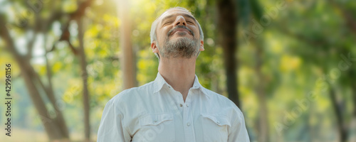 Smart handsome old man breathe pure air from tree and have good healthy in park photo