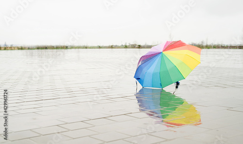 Rainbow colored umbrella lying in puddles on the wet street ground © dark_blade