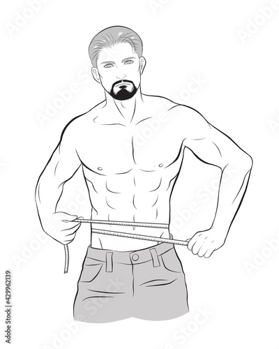 muscular man measuring his waist. measure tape. Weightloss, healthy lifestyle, bodycare and bodybuilding Sport, diet, healthy lifestyle concept.