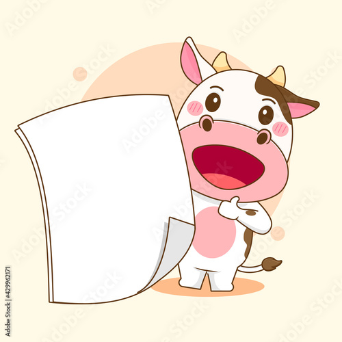 cartoon illustration of cute cow character holding blank paper