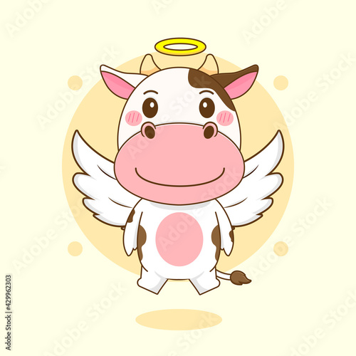 cartoon illustration of cute cow character flying as an angel