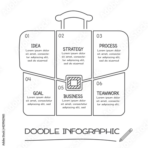 Doodle infographic elements with 6 options. Vector business template for presentation