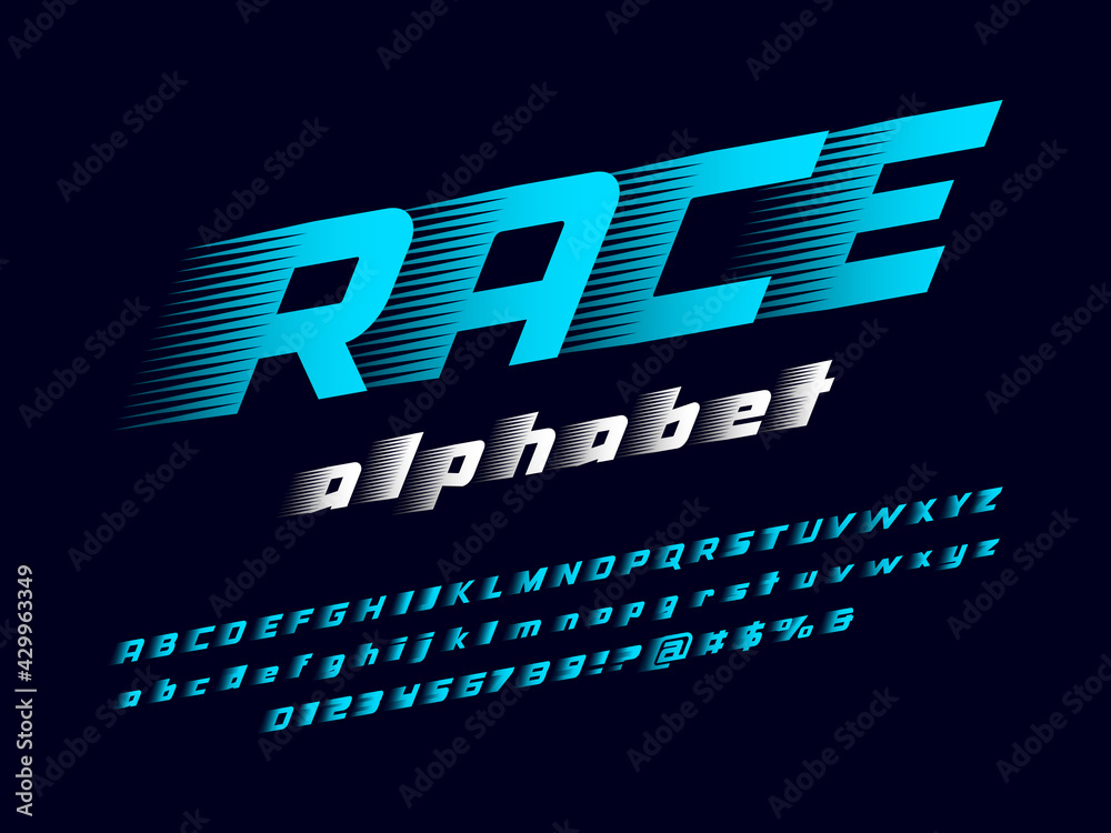 Speed style alphabet design with uppercase, lowercase, numbers and symbol - obrazy, fototapety, plakaty 