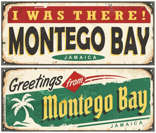 Montego Bay Jamaica retro tin signs collection. Caribbean islands travel destination vector illustration. Montego Bay vintage greeting card souvenirs. 