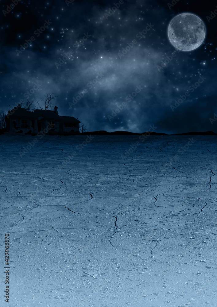 夜空に月と干ばつの大地に廃墟の青いイラスト Stock イラスト Adobe Stock