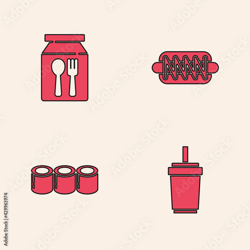 Set Paper glass with straw, Online ordering and delivery, Hotdog sandwich and Sushi icon. Vector