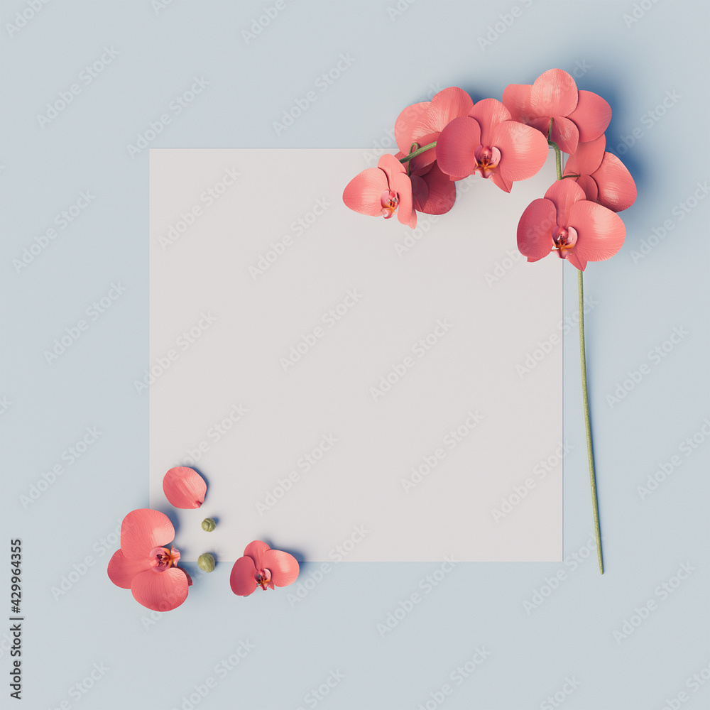 Creative layout made of red orhidea and white square paper on pastel blue background. Minimal summer concept with copy space. Border arrangement. - obrazy, fototapety, plakaty 