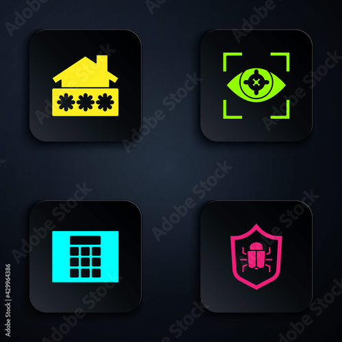 Set System bug, House with password, Password protection and Eye scan. Black square button. Vector
