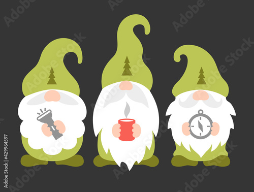Gnome campers. Colorful vector illustration. Forest gnomes scouts or rangers with compass, lantern, mug. Travel symbol, cute family emblem for vacation.