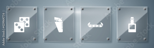 Set Tequila bottle, Kayak or canoe and paddle, Revolver gun in holster and Game dice. Square glass panels. Vector