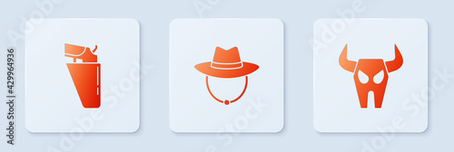 Set Western cowboy hat, Revolver gun in holster and Buffalo skull. White square button. Vector