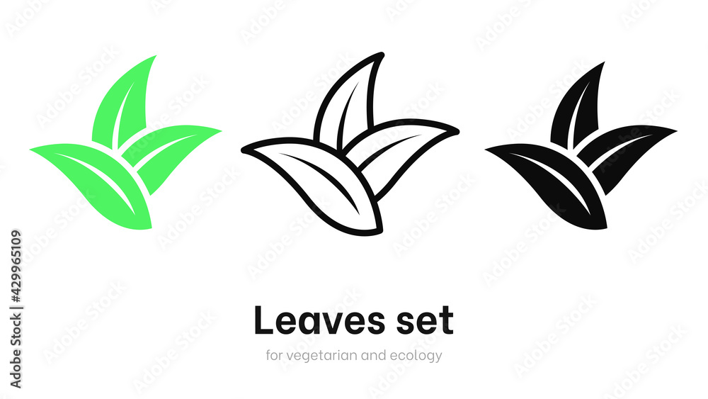 Leaves vector set for ecology and environment. Vegan organic logo template set, bio and eco element. Various shapes of green leaves. Green leaves vector collection isolated on white background