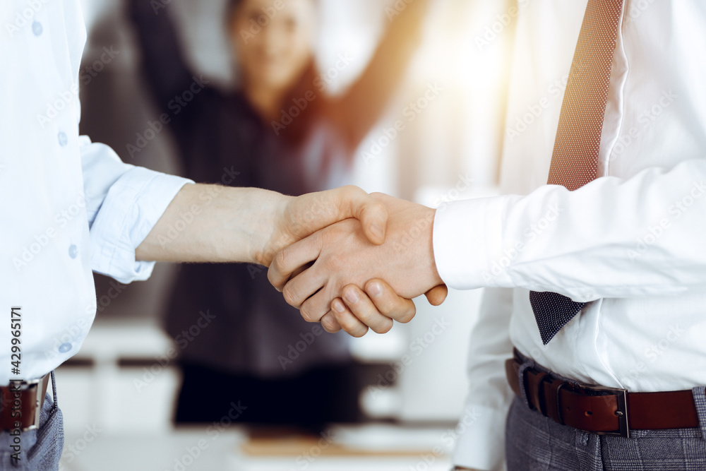 Fototapeta premium Two businessmen shaking hands in sunny office, close-up. Happy and excited business woman stands with raising hands at the background. Business people concept