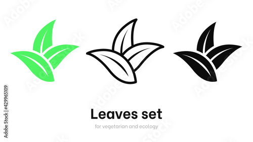 Leaves vector set for ecology and environment. Vegan organic logo template set, bio and eco element. Various shapes of green leaves. Green leaves vector collection isolated on white background