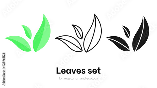 Leaves vector set for ecology and environment. Vegan organic logo template set, bio and eco element. Various shapes of green leaves. Green leaves vector collection isolated on white background