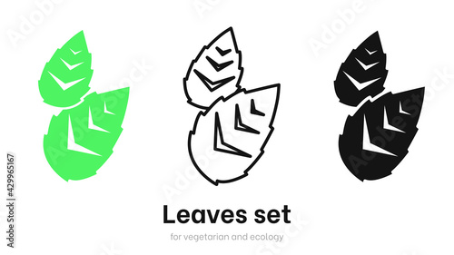 Leaves vector set for ecology and environment. Vegan organic logo template set, bio and eco element. Various shapes of green leaves. Green leaves vector collection isolated on white background