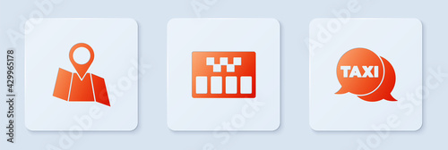 Set Taximeter, Folded map with location and call telephone service. White square button. Vector