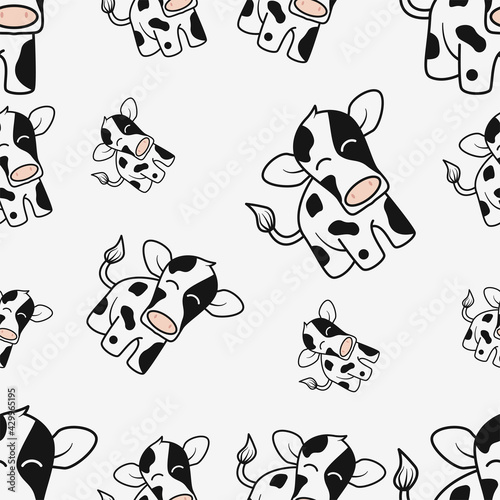 Flat cow vector seamless pattern. Cute cattle cartoon vector with smile emotion. Milk veal design. Cow flat character for wrapping and texture, farm animal. Cattle seamless pattern on white background