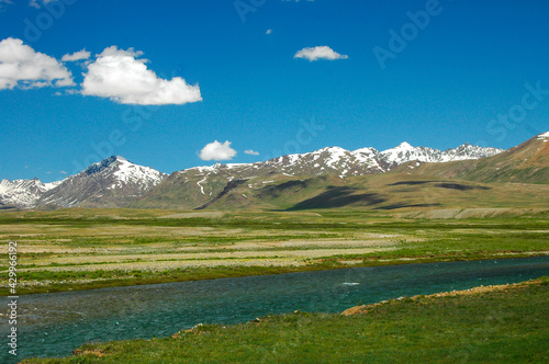 Deosai Beautiful Vibrant Landscape. Deosai National Park is a high-altitude alpine plain in the Northern Gilgit-Baltistan GB region of Kashmir Pakistan. Second highest plateaus in world.