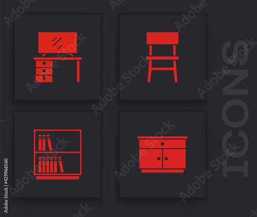 Set Furniture nightstand, TV table, Chair and Library bookshelf icon. Vector