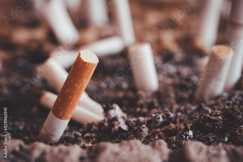Many cigarette butts were left in an ashtray and filled with cigarette ash. Large number of smoking is harmful to one's health and others.