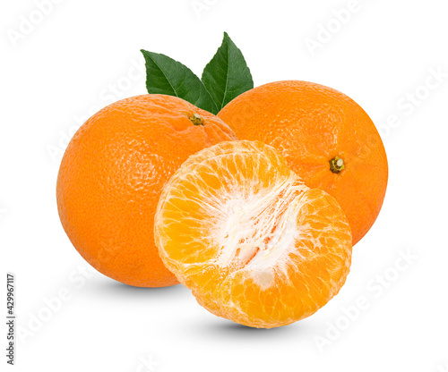 Fresh orange with leaves isolated on white background
