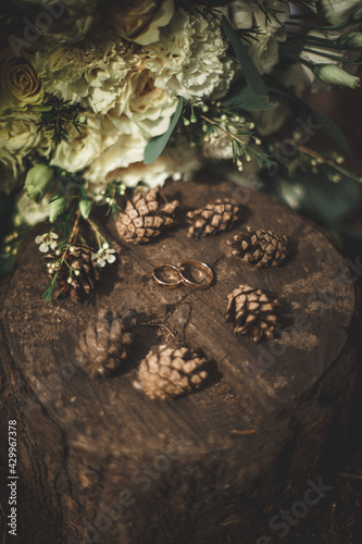 Gold wedding rings on a round wooden stump in the forest, surrounded by fir cones. Nearby, a beautiful bouquet of white and beige roses lies on the ground. Brown, white, beige. Vertical close frame.