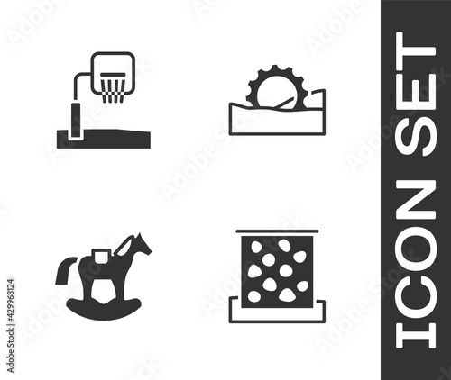 Set Climbing wall, Basketball backboard, Horse saddle swing and Ferris wheel icon. Vector