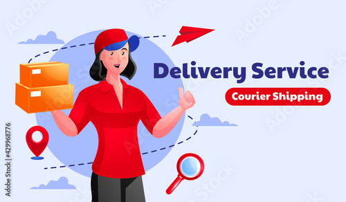 Woman package delivery courier,  holding package parcel box
