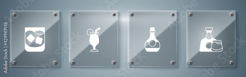 Set Whiskey bottle and glass, Bottle of cognac or brandy, Cocktail and Glass whiskey. Square glass panels. Vector